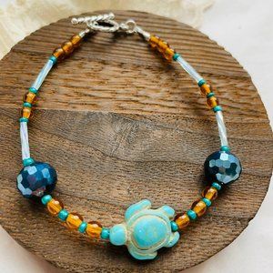 Boho Turquoise Turtle Glass Crystal Beads Artisan Handmade Bracelet 7” NEW